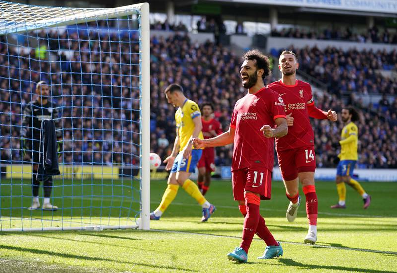 20. Another stunning season for Mohamed Salah as he notches Premier League goal No 20 in the 2-0 win at Brighton on March 12. PA
