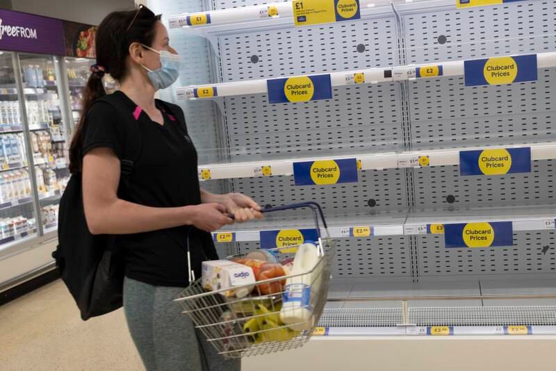 Empty supermarket shelves are seen on July 23, 2021 in London. There were reports that some supermarkets had been emptying of fresh produce and household staples as Brexit lorry shortages combined with large numbers of staff isolating due to Covid-19 frustrated efforts to restock shelves. Getty Images