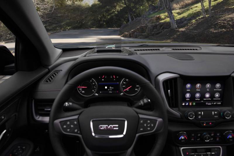 GMC’s new head-up display is available on the 2022 Terrain SLT and AT4, and comes standard on the Denali.