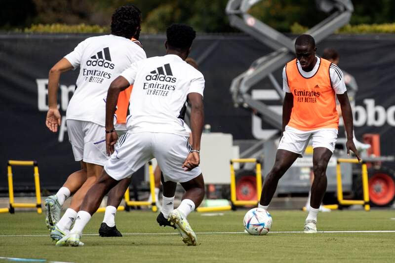 Ferland Mendy, right, during Real Madrid training in Los Angeles. EPA