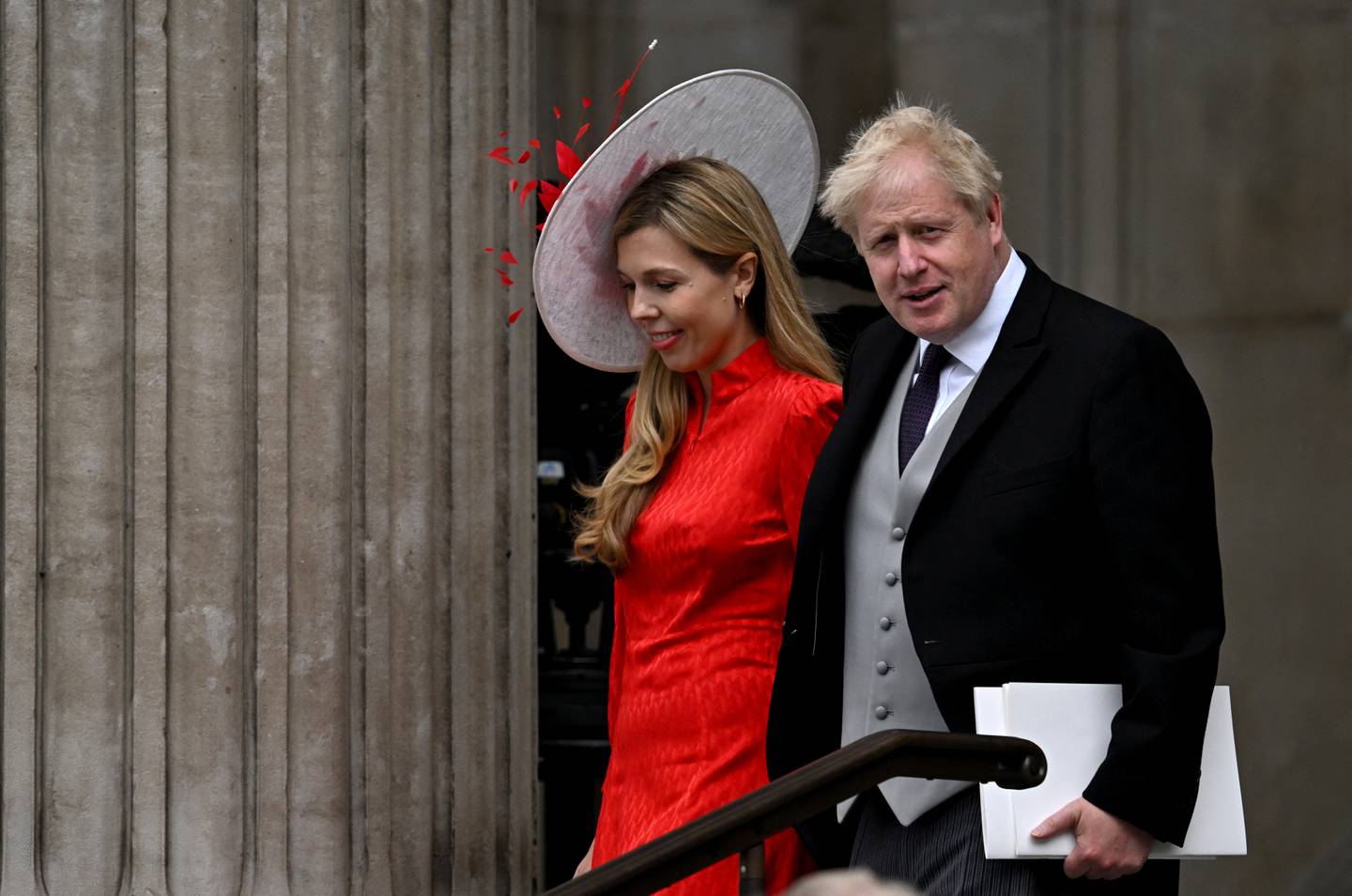 UK Prime Minister Boris Johnson and his wife, Carrie, at St Paul's Cathedral for Queen Elizabeth's jubilee celebrations. Mr Johnson was booed while entering the church. Reuters 

