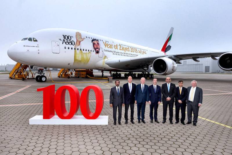 From left to right: Sheikh Ahmed bin Saeed Al Maktoum, chairman and chief Executive, Emirates Airline & Group, Tom Enders, chief executive of Airbus, Sir Tim Clark, president Emirates Airline, Fabrice Brégier, chief operating officer of Airbus and president commercial aircraft, Ali Al Ahmed, UAE Ambassador to Germany, Adel Al Redha, Emirates executive vice president and chief operating officer and Tom Leahy, chief commercial officer – customers – commercial aircraft of Airbus. Courtesy Emirates
