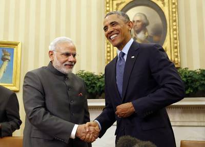 Indian prime minister Narendra Modi meets US president Barack Obama at the White House. Larry Downing / Reuters