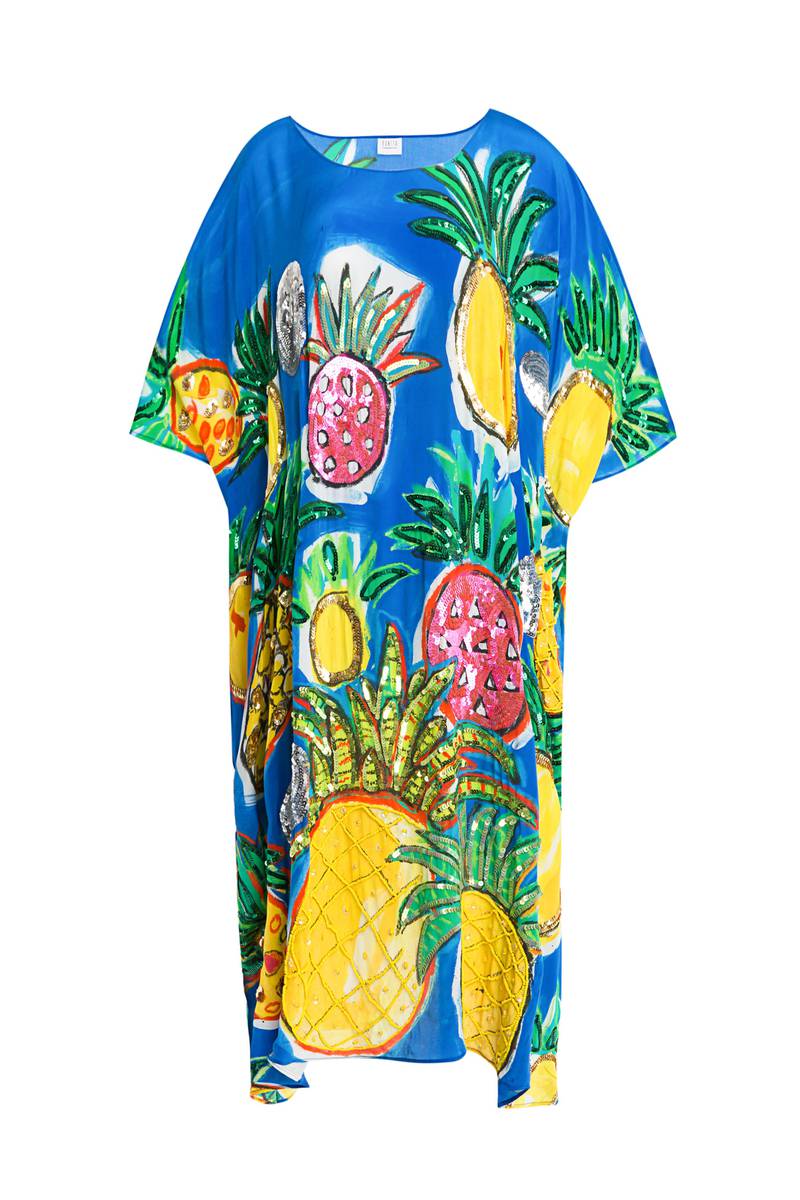A fruit-print kaftan from the Bonita collection, created by artist Kristian Williams, available at Sauce. Courtesy Sauce