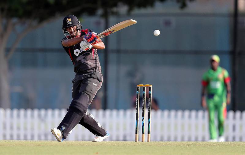DUBAI , UNITED ARAB EMIRATES , NOV 16   – 2017 :- Chirag Suri of UAE team playing a shot during the one day international cricket match against Zimbabwe A team at the ICC Academy in Dubai Sports City in Dubai. (Pawan Singh / The National) Story by Paul Radley