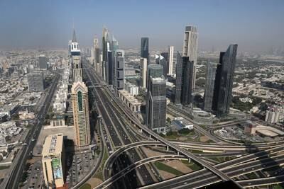View of DIFC and Sheikh Zayed Road from the under construction Wasl Tower. Pawan Singh / The National 