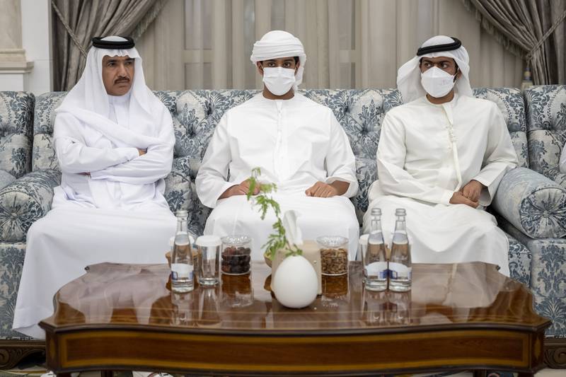 Zayed bin Hamed, Ahmed Juma Al Zaabi, Adviser to the President, and Sheikh Khalifa bin Tahnoun, director of the Martyrs' Families' Affairs Office of the Abu Dhabi Crown Prince Court.