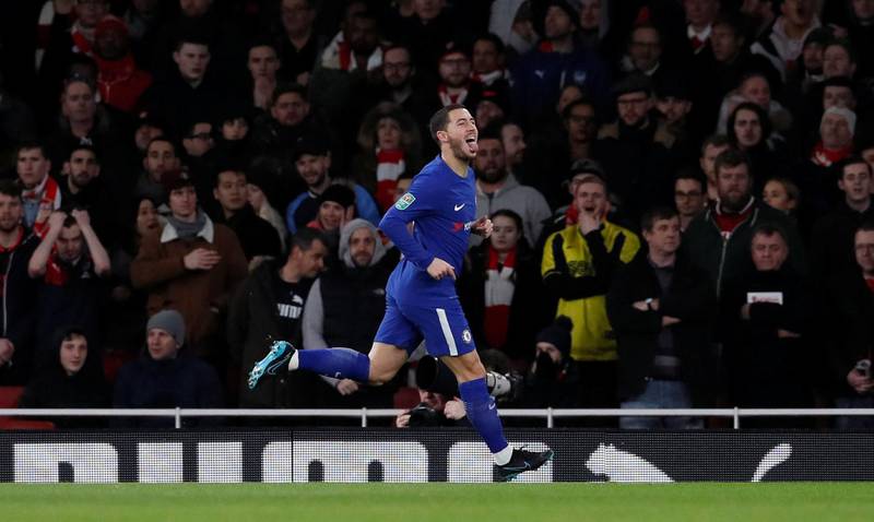 Soccer Football - Carabao Cup Semi Final Second Leg - Arsenal vs Chelsea - Emirates Stadium, London, Britain - January 24, 2018   Chelsea's Eden Hazard celebrates scoring their first goal    REUTERS/David Klein    EDITORIAL USE ONLY. No use with unauthorized audio, video, data, fixture lists, club/league logos or "live" services. Online in-match use limited to 75 images, no video emulation. No use in betting, games or single club/league/player publications. Please contact your account representative for further details.