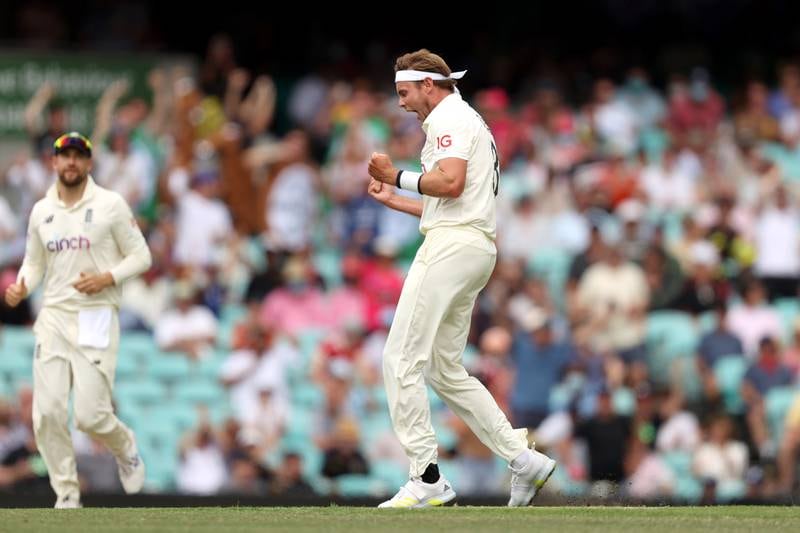 Stuart Broad of England celebrates the wicket of David Warner of Australia. Getty Images