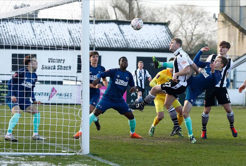 Soccer Football - FA Cup - Third Round - Chorley v Derby County - Victory Park, Chorley, Britain - January 9, 2021 Chorley's Connor Hall scores their first goal Action Images via Reuters/Jason Cairnduff
