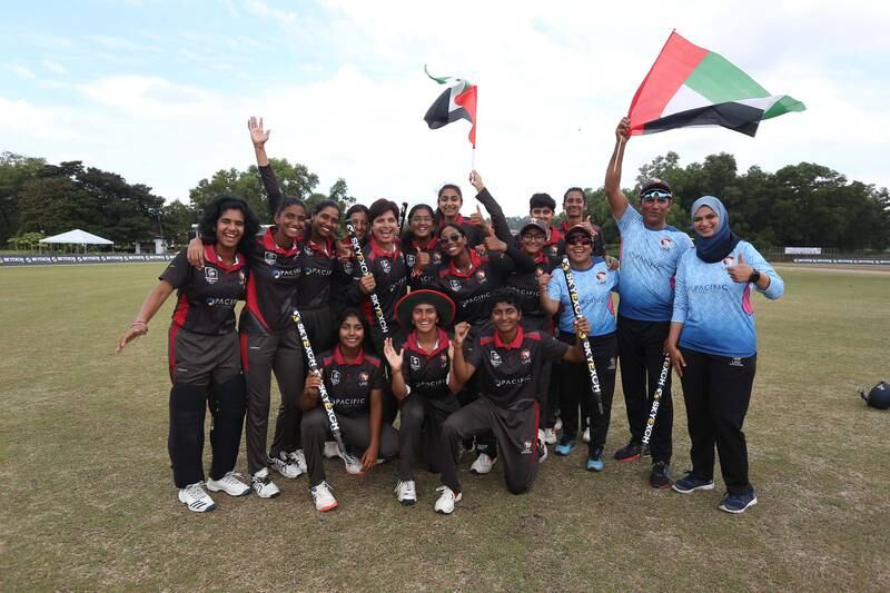 Some of the UAE players took souvenir stumps to celebrate their title win in Kuala Lumpur. Photo: Malaysia Cricket Association