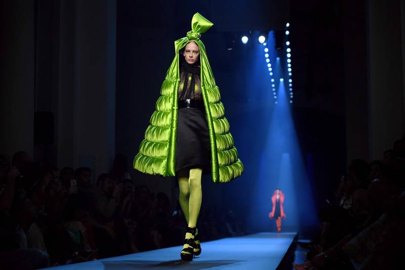For the Fall-Winter 2019/2020 Haute Couture collection Jean-Paul Gaultier presented a quilted lime green cape, tied above the head.&nbsp;&nbsp;AFP&nbsp;

