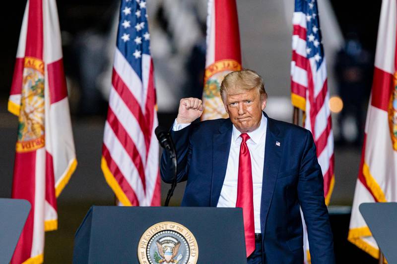 US President Donald J. Trump gestures during a campaign rally in Pensacola, Florida, USA. The United States will hold its presidential election on 03 November 2020.  EPA