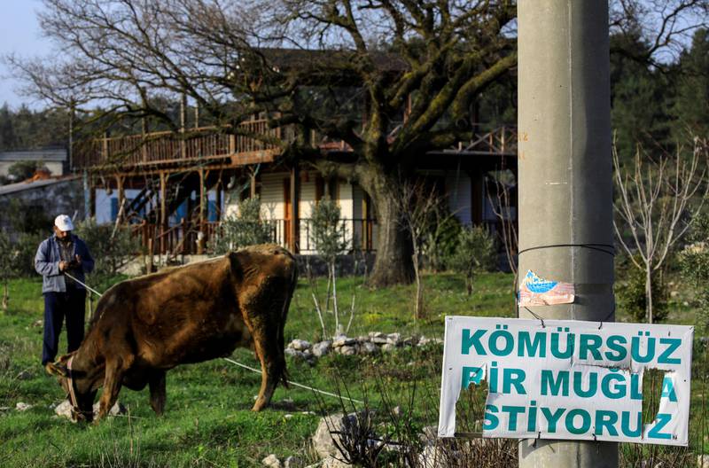 A placard that reads "We want a Mugla without coal", hangs in Isikdere neighbourhood of Ikizkoy village, near the south-western town of Milas, in Mugla province, Turkey. Reuters