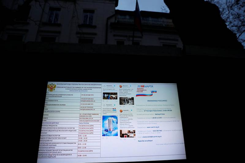 A screen outside Russia's Embassy in London shows its Twitter feed; including a reference to the relationship with Britain being at "minus 23"; in London, March 15, 2018. REUTERS/Phil Noble