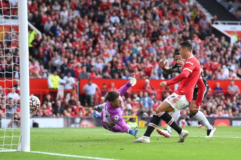 Cristiano Ronaldo scores Manchester United's first goal against Newcastle United. Getty Images