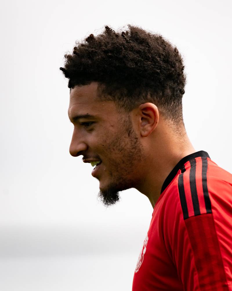 Jadon Sancho of Manchester United in action during a first-team training session at Carrington Training Ground.