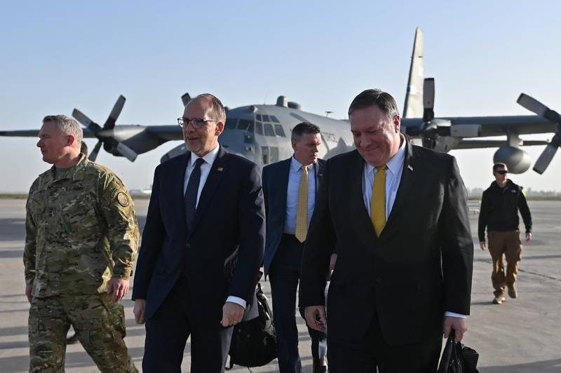 Mr Pompeo is welcomed by Douglas Silliman US ambassador to Iraq on arrival in Baghdad. Reuters