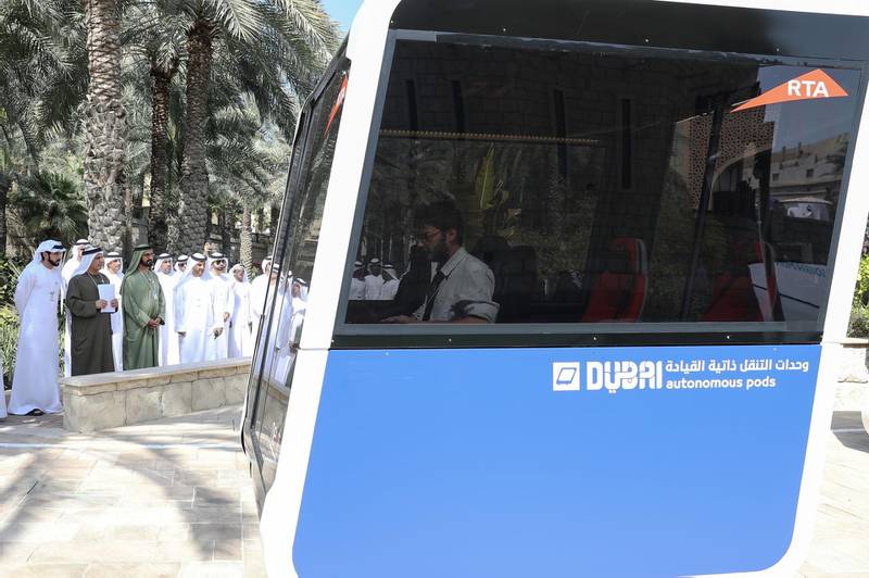 Government of Dubai Media Office – 13 February 2018: Vice President and Prime Minister of the UAE and Ruler of Dubai His Highness Sheikh Mohammed bin Rashid Al Maktoum, attended initial tests of the world’s first autonomous pods. The project is developed by The Roads and Transport Authority (RTA), in cooperation with Next Future Transportation. The project is part of RTA’s efforts under Dubai Future Accelerators initiatives. Wam