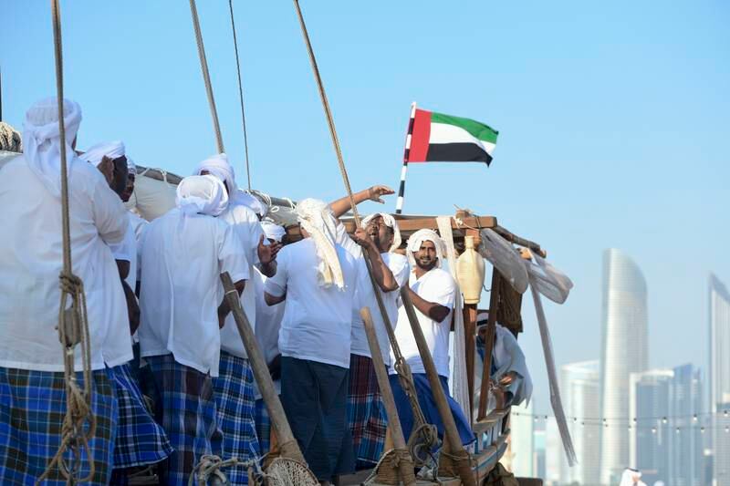 A re-enactment of a fishing journey in Abu Dhabi. Marine conservation has been an integral part of life in the UAE for generations. Khushnum Bhandari / The National 