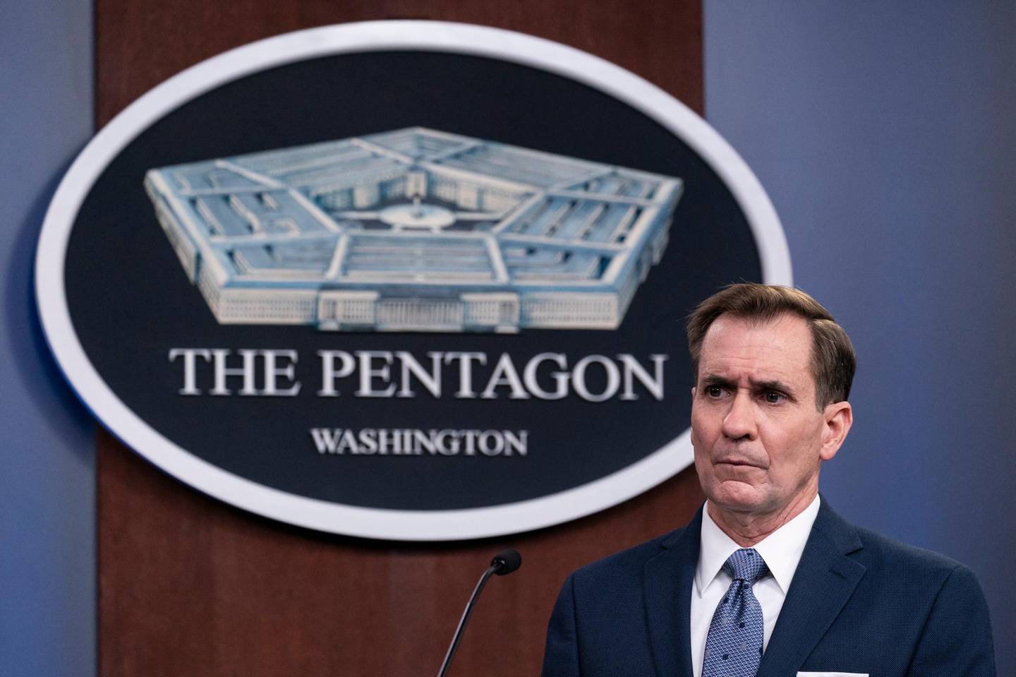 FILE - In this Wednesday, Feb. 17, 2021, file photo, Pentagon spokesman John Kirby speaks during a media briefing at the Pentagon, in Washington. Kirby announced late Thursday, Feb. 25, 2021, that the U.S. military conducted airstrikes against facilities in eastern Syria that the Pentagon said were used by Iran-backed militia groups, in response to recent attacks against U.S. personnel in Iraq. Kirby said the action was authorized by President Joe Biden. (AP Photo/Alex Brandon, File)