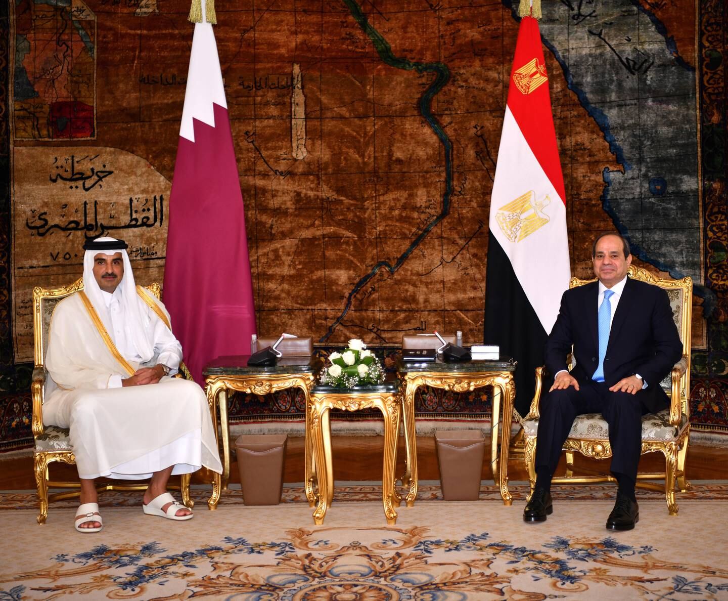 Egyptian President Abdel Fattah El Sisi meets Emir of Qatar Sheikh Tamim at the Presidential Palace in Cairo. EPA