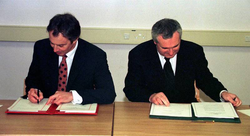 Mr Blair and Mr Ahern sign the Good Friday Agreement on April 10, 1998. PA