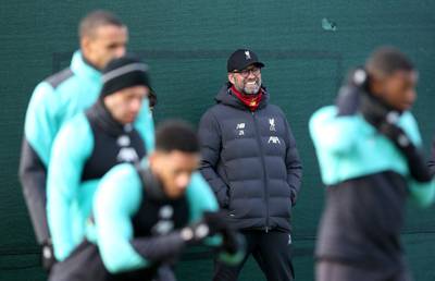 Liverpool manager Jurgen Klopp oversees the training session on Monday. PA