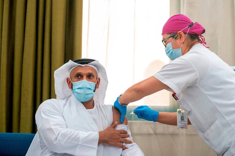 A handout image provided by United Arab Emirates News Agency (WAM) on July 16, 2020 shows Sheikh Abdullah bin Mohammed al-Hamed, chairman of the Department of Health, undergoing a clinical trial for the third phase of the inactive vaccine for COVID-19 in Abu Dhabi. === RESTRICTED TO EDITORIAL USE - MANDATORY CREDIT "AFP PHOTO / HO / WAM" - NO MARKETING NO ADVERTISING CAMPAIGNS - DISTRIBUTED AS A SERVICE TO CLIENTS ===
 / AFP / WAM / Handout / === RESTRICTED TO EDITORIAL USE - MANDATORY CREDIT "AFP PHOTO / HO / WAM" - NO MARKETING NO ADVERTISING CAMPAIGNS - DISTRIBUTED AS A SERVICE TO CLIENTS ===
