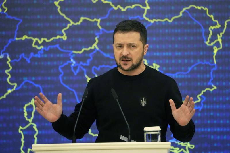 Mr Zelenskyy addresses a media conference after the EU-Ukraine summit in Kyiv in February 2023. AP