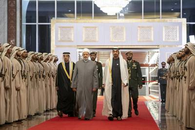 ABU DHABI, UNITED ARAB EMIRATES - February 3, 2019: Day one of the UAE papal visit - HH Sheikh Mohamed bin Zayed Al Nahyan, Crown Prince of Abu Dhabi and Deputy Supreme Commander of the UAE Armed Forces (front R), receives His Eminence Dr Ahmad Al Tayyeb, Grand Imam of the Al Azhar Al Sharif (front 2nd R), at the Presidential Airport.

( Ryan Carter / Ministry of Presidential Affairs )
---