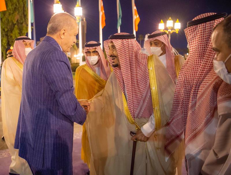 King Salman welcomes Mr Erdogan to Al Salam Palace. 