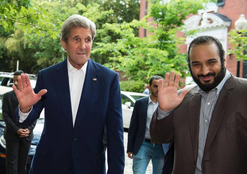Prince Mohammed and John Kerry shared an iftar meal at the US secretary of state’s home. Molly Riley / AFP