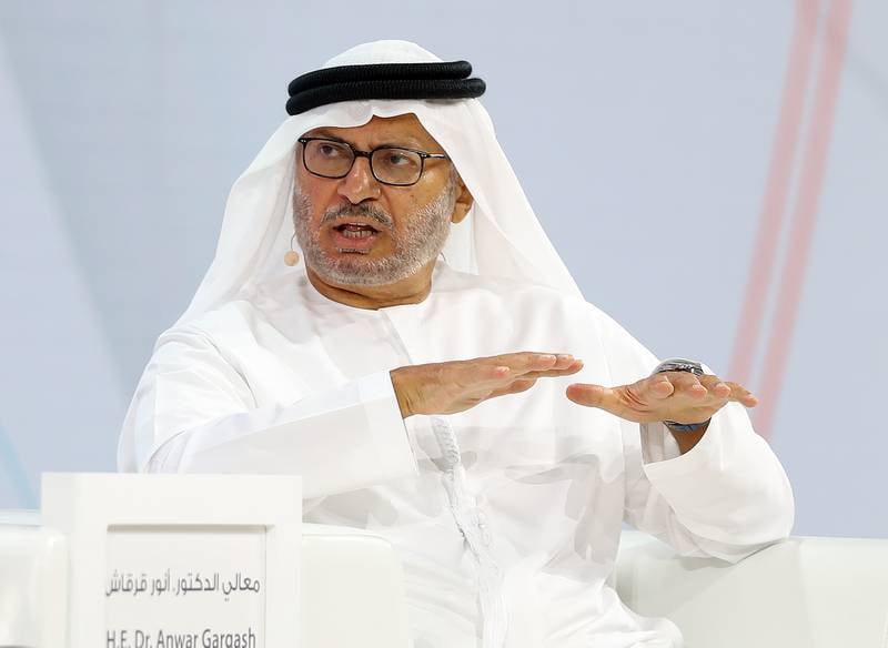 Dr Anwar Gargash, diplomatic adviser to the UAE President, addresses the Arab Media Forum in Dubai. Chris Whiteoak / The National