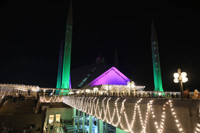 The illuminated Faisal mosque in Islamabad during celebrations marking Eid-e-Milad-un-Nabi, the birth of the Prophet Mohammed.