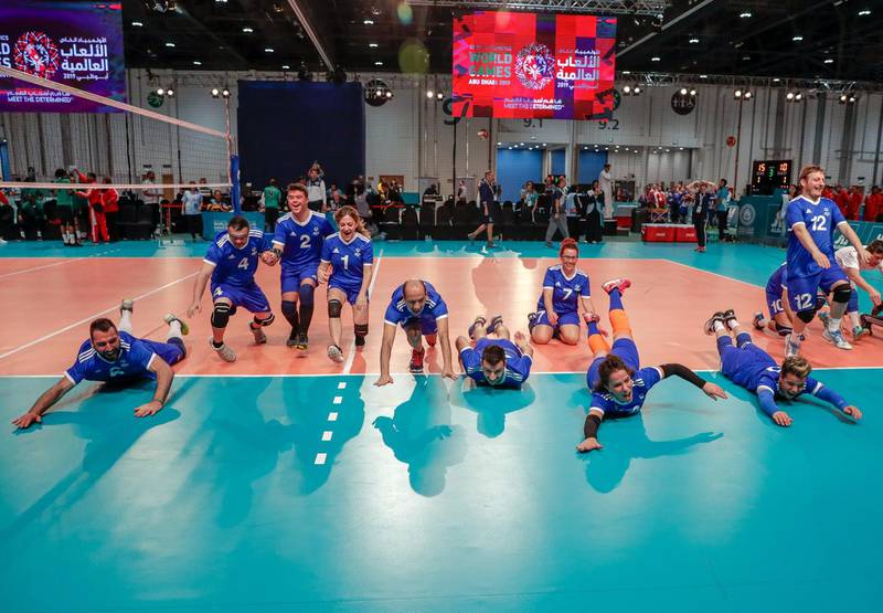 Abu Dhabi, March 17, 2019.  Special Olympics World Games Abu Dhabi 2019. Gymnastics at ADNEC. Volleyball:  Italy VS. Sudan. --  The Italian team does the leap of victory after beating Sudan.Victor Besa/The National