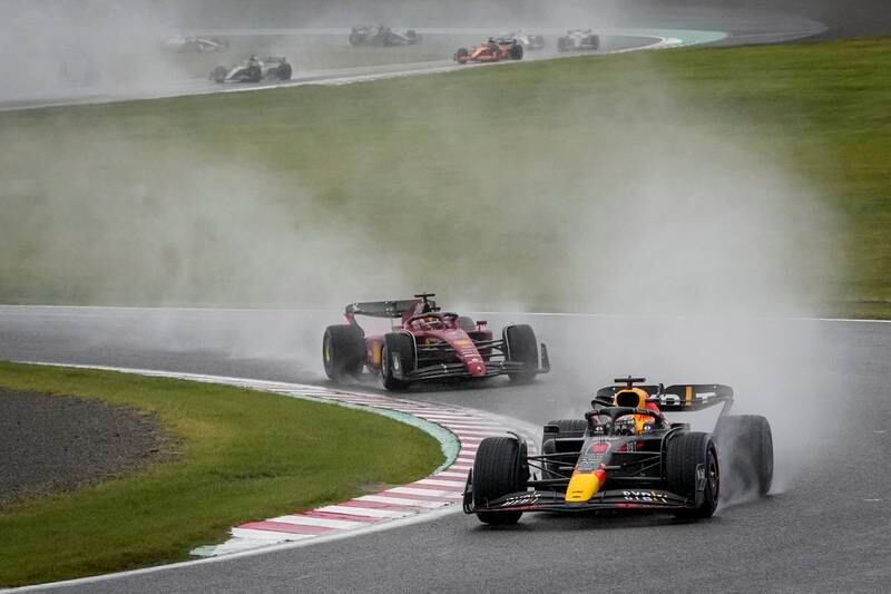 Max Verstappen leads the race after a restart during the Japanese Grand Prix. EPA