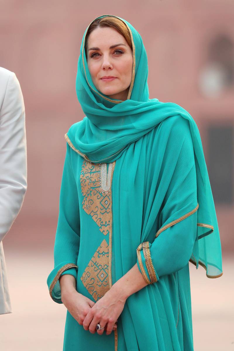Catherine, Duchess of Cambridge arrives at the Badshahi Mosque within the Walled City during day four of their royal tour of Pakistan on October 17, 2019 in Lahore, Pakistan. Getty
