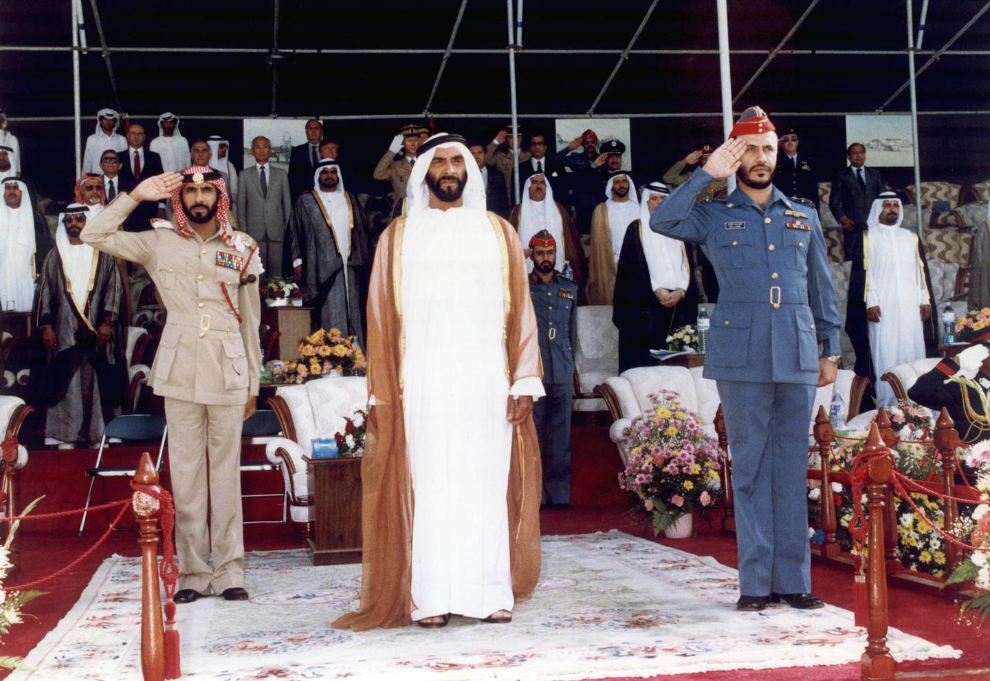 Sheikh Zayed Bin Sultan Al Nahyan attending the graduation ceremony of Air Academy students at Al Dhafra base, 1987 
National Archives images supplied by the Ministry of Presidential Affairs to mark the 50th anniverary of Sheikh Zayed Bin Sultan Al Nahyan becaming the Ruler of Abu Dhabi. *** Local Caption ***  69.jpg