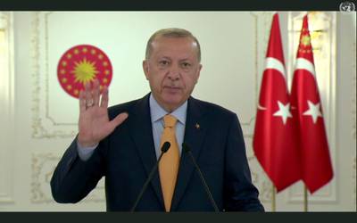Recep Tayyip Erdogan, president of Turkey, speaks in a pre-recorded message which was played during the 75th session of the United Nations General Assembly. UNTV via AP