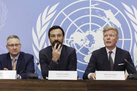 Fabrizio Carboni, centre, ICRC Regional Director for the Near and Middle East, with Hans Grundberg, right, UN Special Envoy for Yemen, and Swiss Ambassador Thomas Gruber. AP