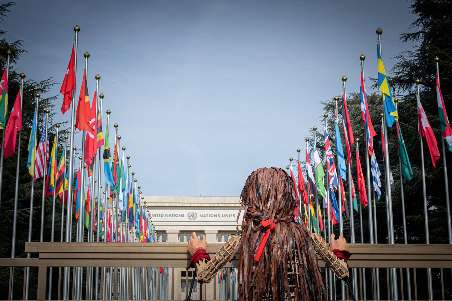 Little Amal visited the United Nations building in Geneva, Switzerland. Photo: Nicolas Dupraz