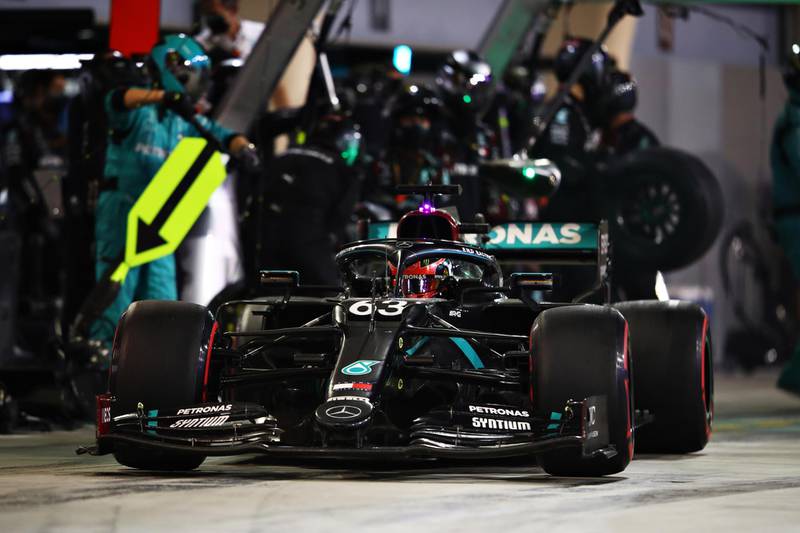 A disastrous pit stop from Mercedes cost George Russell likely victory at the Sakhir GP. Getty