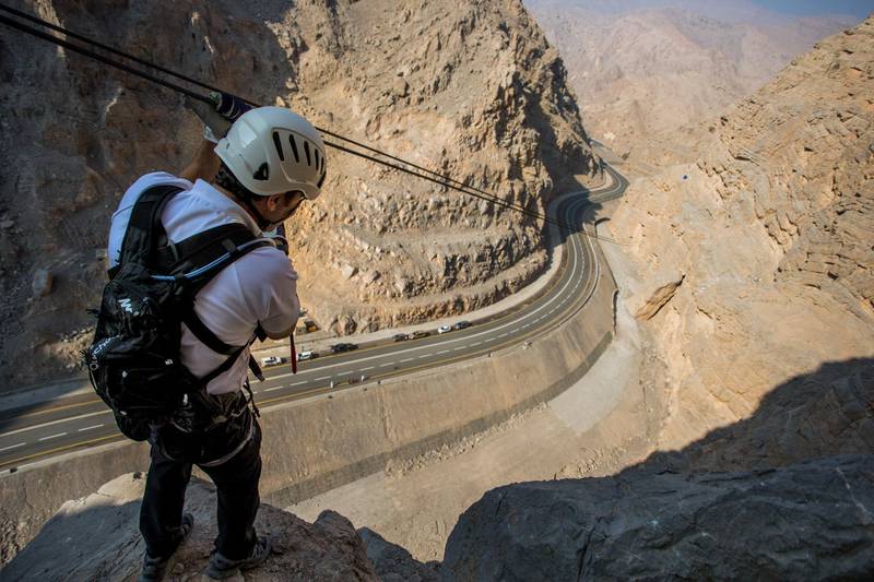 The region’s first commercial Via Ferrata and UAE's largest outdoor zip line was put to the test when the CEO of Ras Al Khaimah Tourism Development Authority, Haitham Mattar, and Emirati adventurers Huda Zowayed and Hamad Al Mazrouey climbed, trekked and zip-lined the challenge set against the backdrop of Ras Al Khaimah’s Jebel Jais, the UAE’s highest mountain peak. Photo Credit Action PR Group *** Local Caption ***  on24no-RAK-02.jpg