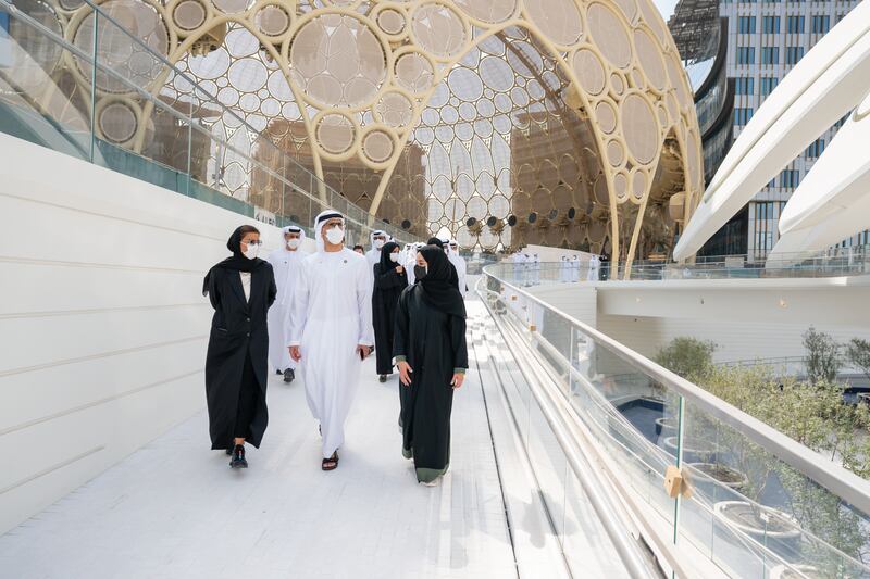 Sheikh Khaled bin Mohamed, member of Abu Dhabi Executive Council and chairman of Abu Dhabi Executive Office, tours the Expo 2020 Dubai site.
