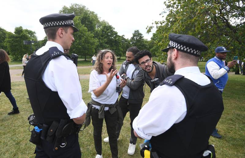 Police speak to demonstrators as protesters gather in breach of lockdown rules in Hyde Park in London, Britain, 16 May 2020. EPA