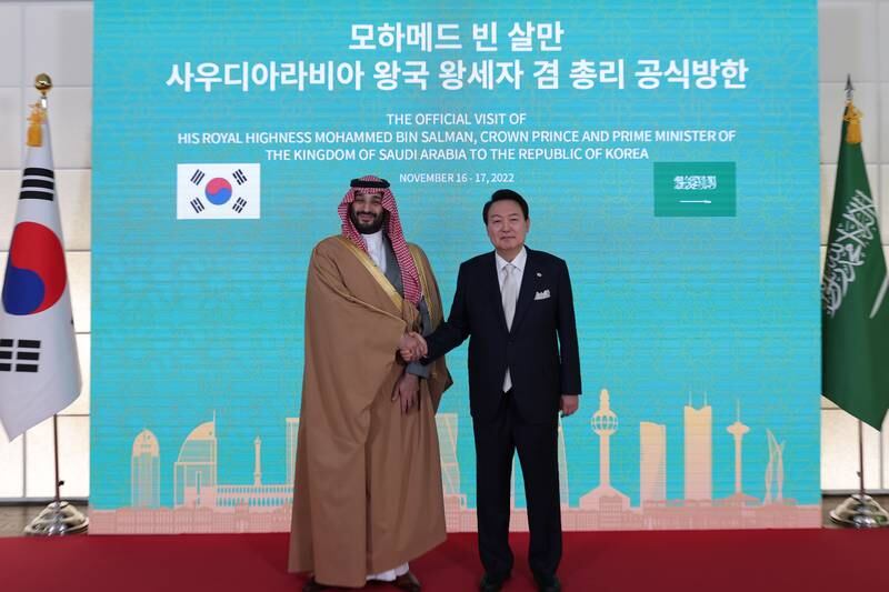 Saudi Crown Prince Mohammed bin Salman meets South Korean President Yoon Suk-yeol in Seoul. EPA