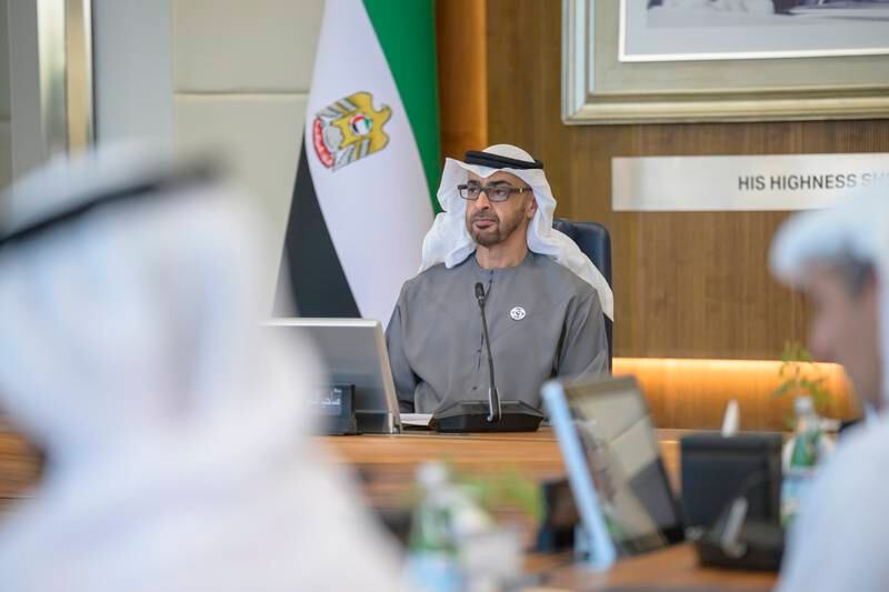 President Sheikh Mohamed chairs the Adnoc board of directors meeting at the company's headquarters in Abu Dhabi. Photo: Hamad Al Kaabi / UAE Presidential Court 