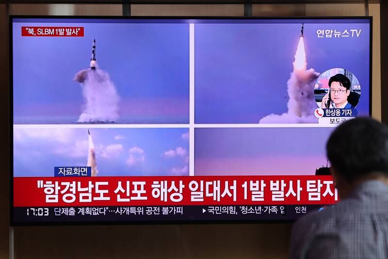 A report of North Korea's short-range ballistic missile launch on a TV screen at Seoul Station in South Korea. EPA