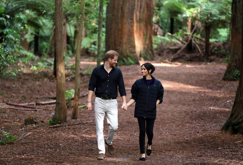 Meghan, Duchess of Sussex wears a men's Oslo jacket and Outland Denim jeans in Rotorua, New Zealand, on October 31, 2018. AP